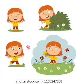 Vector set funny girl with red hair on summer meadow with flowers, isolated on white background.