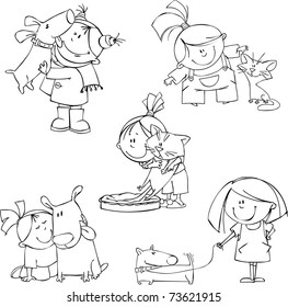 Vector set of funny girls with pets