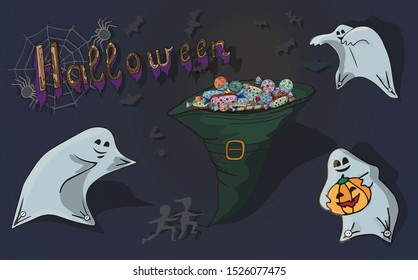 vector set of funny halloween ghosts with lettering and cobweb with spiders and bats children run away from fear and get candy as a reward