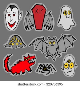 Vector set of funny Halloween monsters. Black gray red. Hand drawn pen and ink