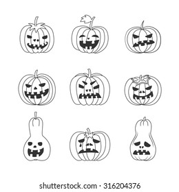 Vector set of funny Halloween pumpkins. Black outline on white isolated background. 9 hand drawn 9 Jack-o'-lantern. Could be used as decorative element of Halloween illustration.