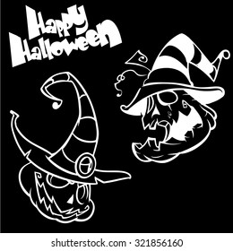 Vector set of funny Halloween pumpkins head in witch hat. White outline on black isolated background