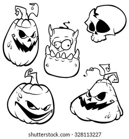 Vector set of funny Halloween pumpkins. Black outline on white isolated background