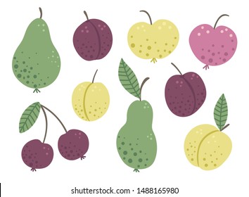 Vector set of funny hand drawn flat garden fruits and berries. Colored apple, pear, plum, peach, cherry isolated on white background. Harvest themed picture for children’s design