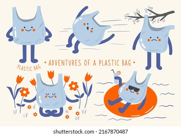 Vector set of funny hand drawn illustrations of plastic bag adventures. Nature pollution problem for kids. Recycle and reuse garbage concept with cute comic character