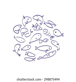 Vector set of funny hand drawn fish characters on white background.