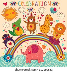 Vector set of funny, happy animals. Greeting card. Happy Birthday