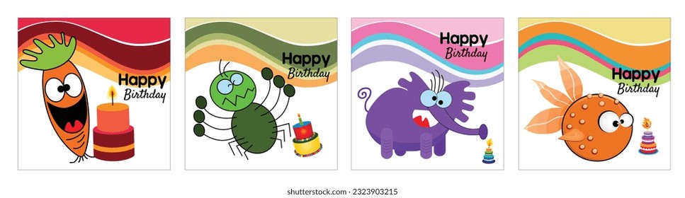 vector set of funny happy birthday greeting cards with different designs, different funny characters, cakes and candles