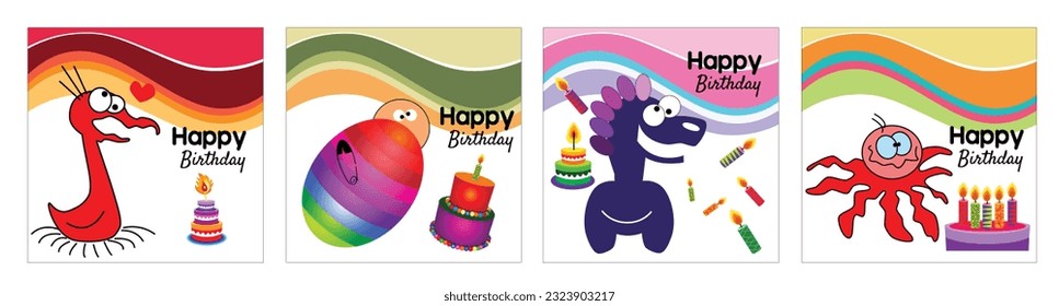 vector set of funny happy birthday greeting cards with different designs, different funny characters, cakes and candles