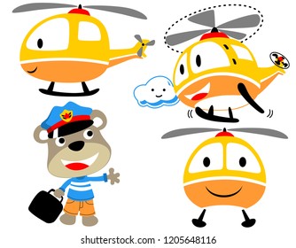 vector set of funny helicopter cartoon with little bear in pilot costume