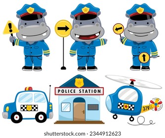 Vector set of funny hippo cartoon in police costume with police officer element