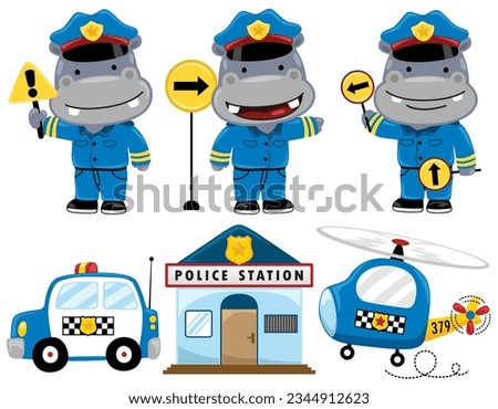 Vector set of funny hippo cartoon in police costume with police officer element