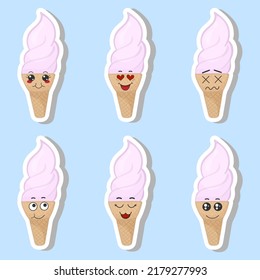 Conjunto de vectores de graciosos stickers de helados con emociones kawaii. Caras de Kawaii. Ilustración vectorial del helado de dibujos animados