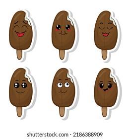 Vector set of funny ice cream stickers with kawaii emotions. Kawaii faces. Vector illustration of cartoon ice cream