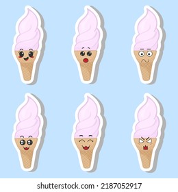 Vector set of funny ice cream stickers with kawaii emotions. Kawaii faces. Vector illustration of cartoon ice cream