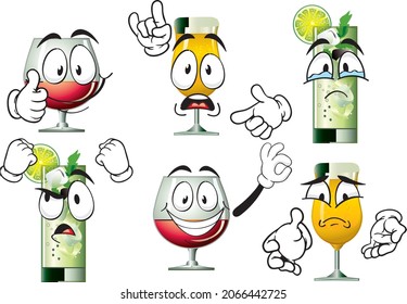 Vector set of funny icons and mascots of drinks and beer. Perfect for printing on posters, wallpapers, wall murals, cups, glasses, sunbeds, banners, roll-ups and more. EPS Vector format.
