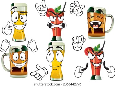 Vector set of funny icons and mascots of drinks and beer. Perfect for printing on posters, wallpapers, wall murals, cups, glasses, sunbeds, banners, roll-ups and more. EPS Vector format.