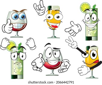 Vector set of funny icons and mascots of drinks and beer. Perfect for printing on posters, wallpapers, wall murals, cups, glasses, sunbeds, banners, roll-ups and more. EPS Vector format.