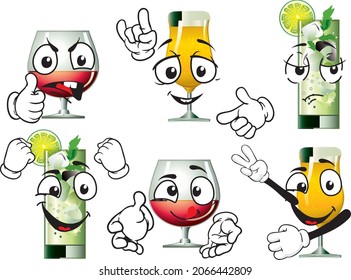 Vector set of funny icons and mascots of drinks and beer. Perfect for printing on posters, wallpapers, wall murals, cups, glasses, sunbeds, banners, roll-ups and more. EPS Vector format.
