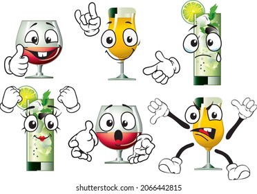 Vector set of funny icons and mascots of drinks and beer. Perfect for printing on posters, wallpapers, wall murals, cups, glasses, sunbeds, banners, roll-ups and more. EPS Vector format.