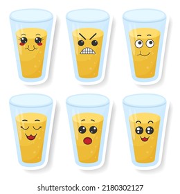 Vector set of funny juice in a glass stickers with kawaii emotions. Kawaii faces. Vector illustration on white background