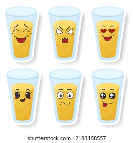 Vector set of funny juice in a glass stickers with kawaii emotions. Kawaii faces. Vector illustration on white background