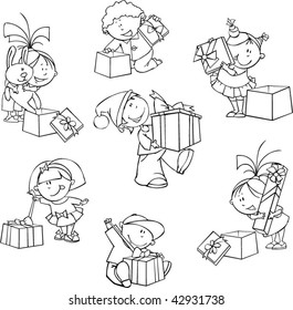 Vector set of funny kids with Christmas gift