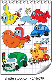 Vector set of funny and kind cartoon transport