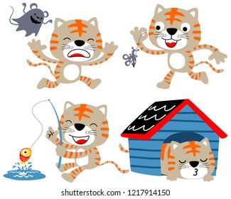 Vector set of funny kitten cartoon in activity