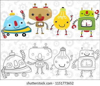 Vector set of funny little robots cartoon on nuts, bolts and gear background, coloring book or page