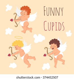 Vector Set of Funny little Valentine Day cupid angel aiming at someone, 