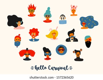 Vector set of funny male and female faces in bright masks and costumes. Design element for carnival concept and other use.