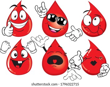 A vector set of funny mascots resembling drops of blood.