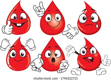 A vector set of funny mascots resembling drops of blood.