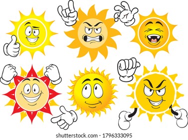 Vector set of funny mascots resembling the sun.