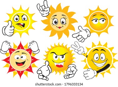 Vector set of funny mascots resembling the sun.