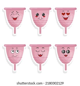 Conjunto de vectores de graciosos stickers de tazón menstrual con emociones kawaii. Kawaii Faces. Ilustración del vector sobre fondo blanco