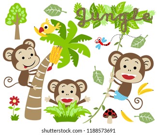 Vector Set Of Funny Monkeys Cartoon With Banana Tree, Bird, Dragonfly, Trees In Jungle