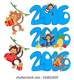Vector set of funny monkeys, symbol 16 years. Funny monkey with gifts and big hearts for the suggestions, recognition.