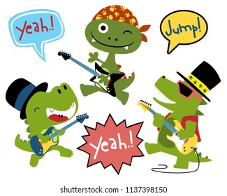 Vector set of funny monster cartoon in rocker costume playing electric guitar