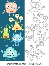 Vector set of funny monster cartoon, coloring book or page