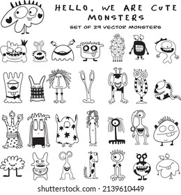 vector set of funny monsters cartoon characters black and white funny monsters printing on fabric on a t-shirt children's cards funny elements for a holiday elements for design