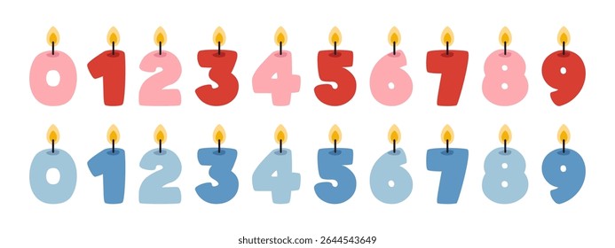 Vector set of funny numbers candles. Cute candlelights shaped like numbers collection. Set of burning birthday cake candles in flat design. Age year candles for baby boy or girl.