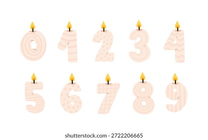 Vector conjunto de velas de números divertidos. Lindas velas de cera en forma de números. Colección de quemar velas de pastel de cumpleaños. Velas del año de Edad para el aniversario, cumpleaños.