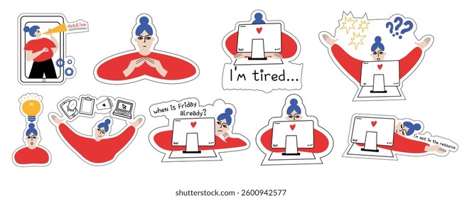 Vector set of funny office worker characters in various shaped frames. Cuttiny character with outline stickers.