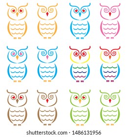 Vector set of funny owls on a white background.