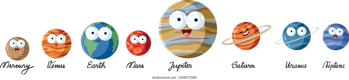 
Vector Set of Funny Planets in Cartoon Style Design Icons. Every planet in the solar system designed as mascot character
