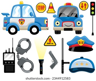 Juego de vectores de divertida caricatura de un auto de la policía con un elemento de oficial de policía