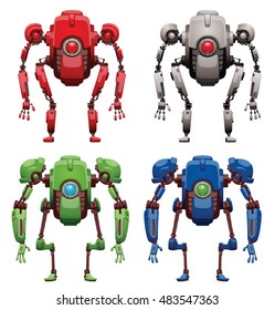 Vector set of funny red, white, green, blue robots with two arms and legs, with a lens in the center of the body standing on a white background. Future, technology, modern. Vector humanoid robot.