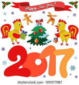 Vector set of funny roosters. Bright rooster and Christmas tree. Rooster is symbol of the year. Chinese New Year.